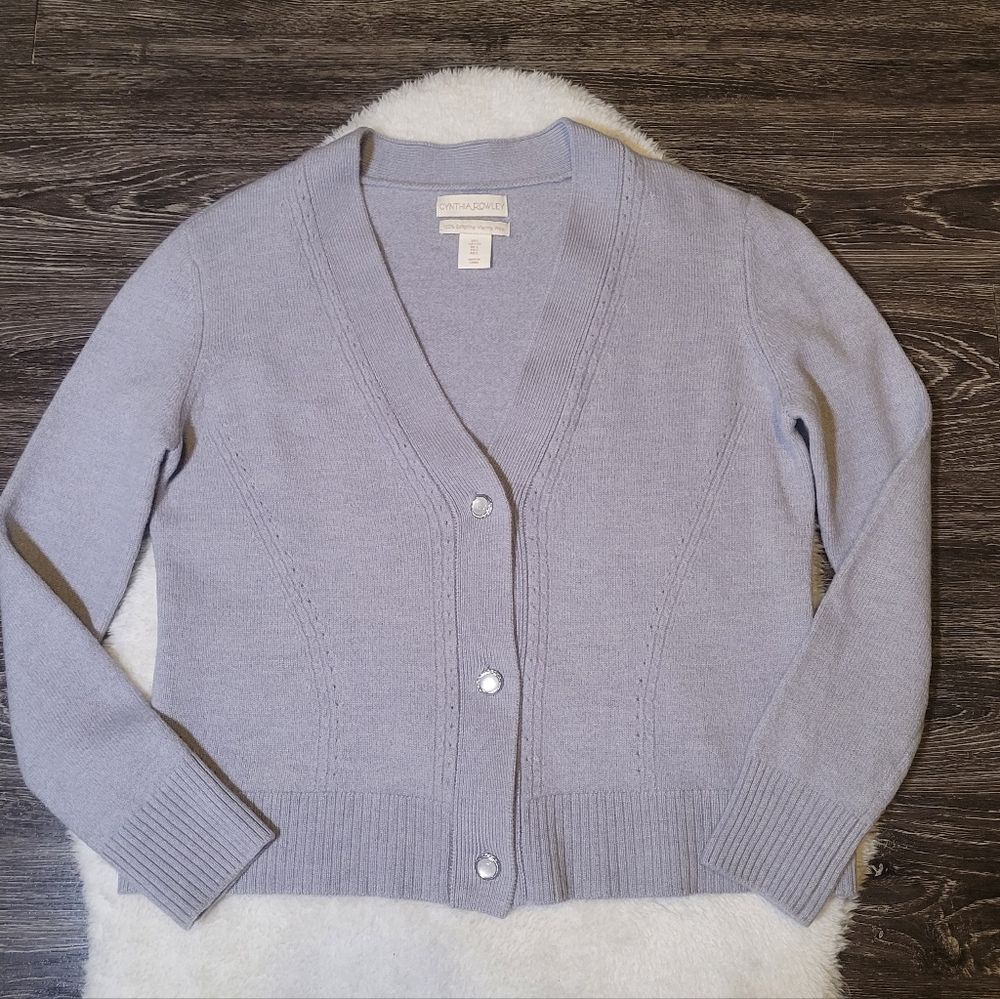 Cynthia Rowley Pale Grey Blue Extra Fine Merino Wool Cardigan Sz L
